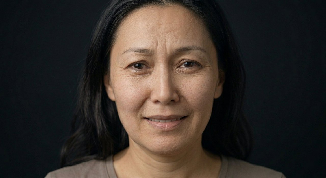 A woman's face showing ubuntu: a warm generous smile and kind connected eyes.