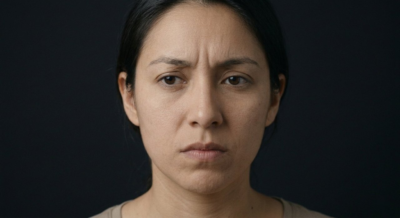 A woman's face showing unease: a faintly creased brow and a tense, uncomfortable set.