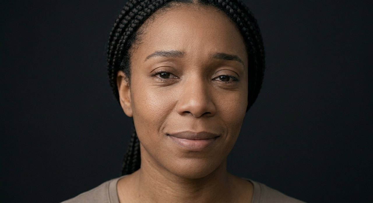 A woman's face showing validation: a calm, reassured look and a faint smile.