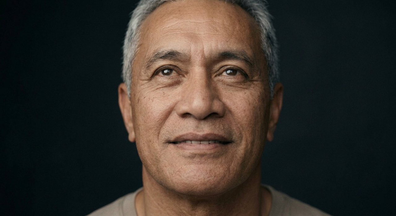 A man's face showing veneration: an upward gaze, a soft reverent smile, calm devotion.