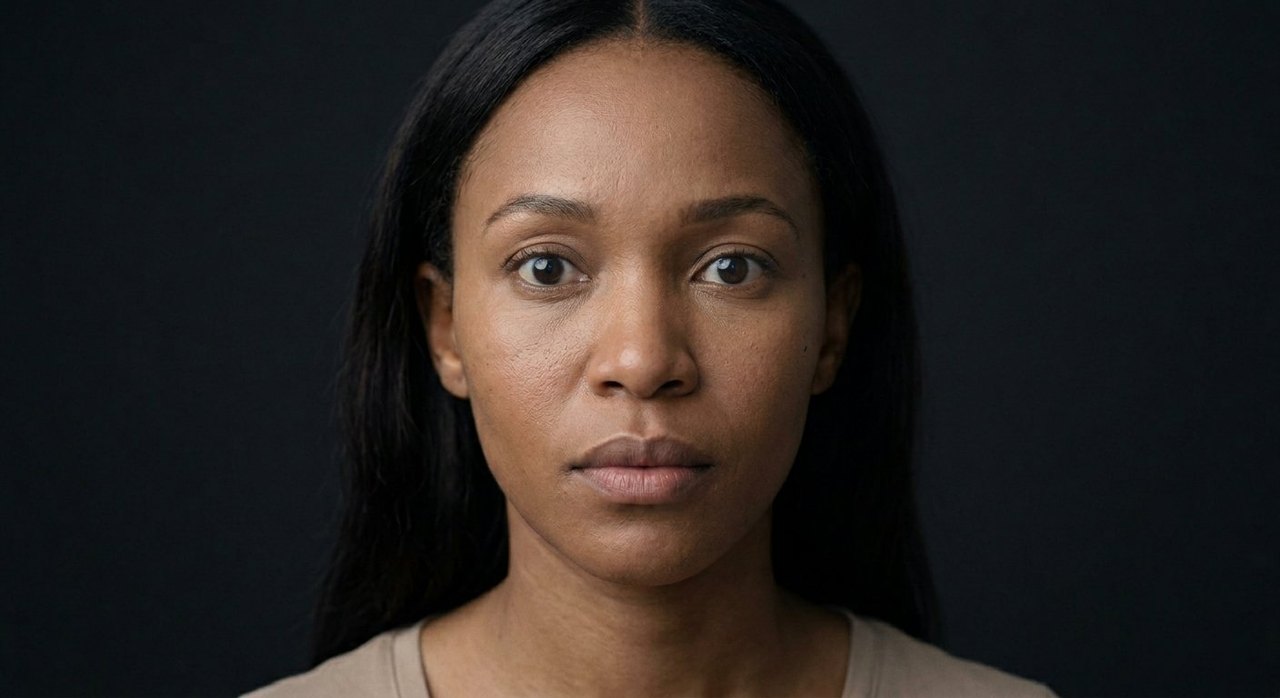A woman's face showing vigilance: a steady alert gaze, level brows, watchful focused expression.