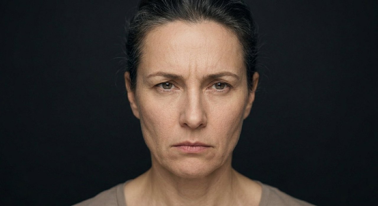 A woman's face showing vindictive intent: a cold hard stare, a set jaw, menacing.