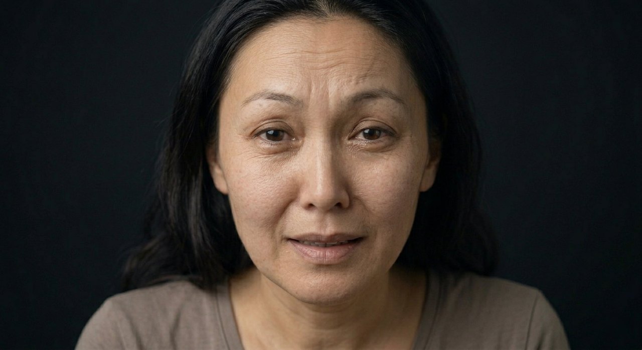 A woman's face showing voorpret: a quietly excited smile and bright anticipating eyes.