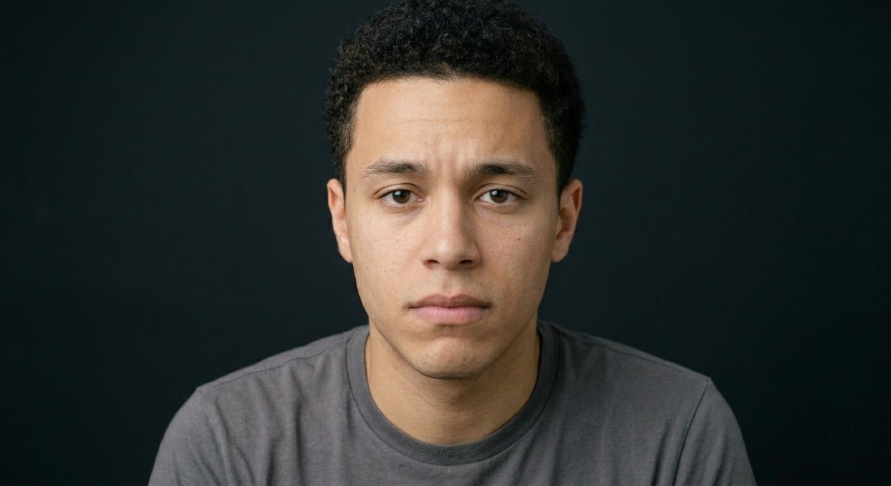 A man's face showing vulnerability: a soft direct gaze, faintly raised brow, unguarded expression.