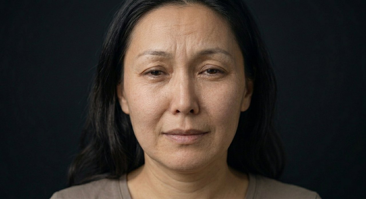 A woman's face showing wabi-sabi: a calm faint smile and soft, accepting eyes.