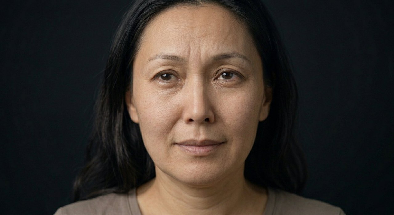 A woman's face showing waldeinsamkeit: a quiet calm expression and soft, solitary eyes.