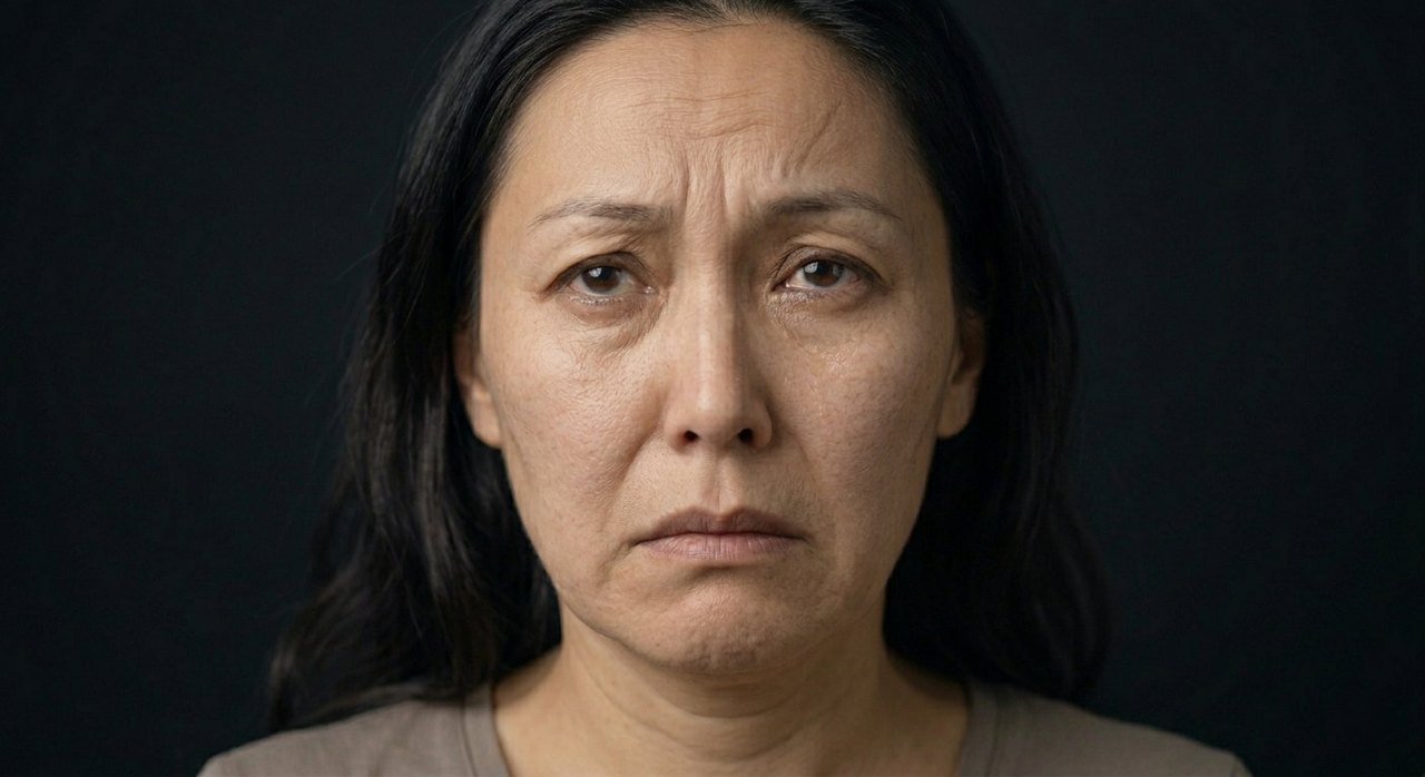 A woman's face showing weltschmerz: a furrowed brow and a weary, world-weary sadness.