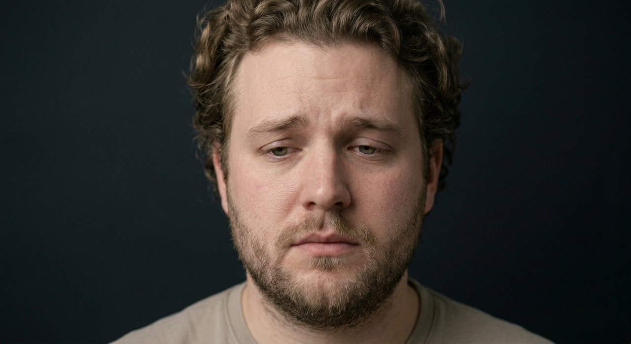 A man's face showing wistfulness: a lowered gaze, soft downturned mouth, a faraway sadness.