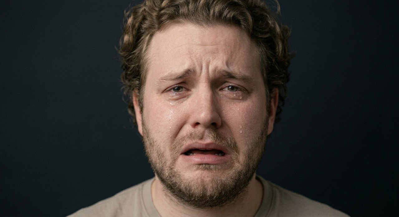 A man's face showing woe: an open crying mouth, tearful eyes, anguished raised brow.