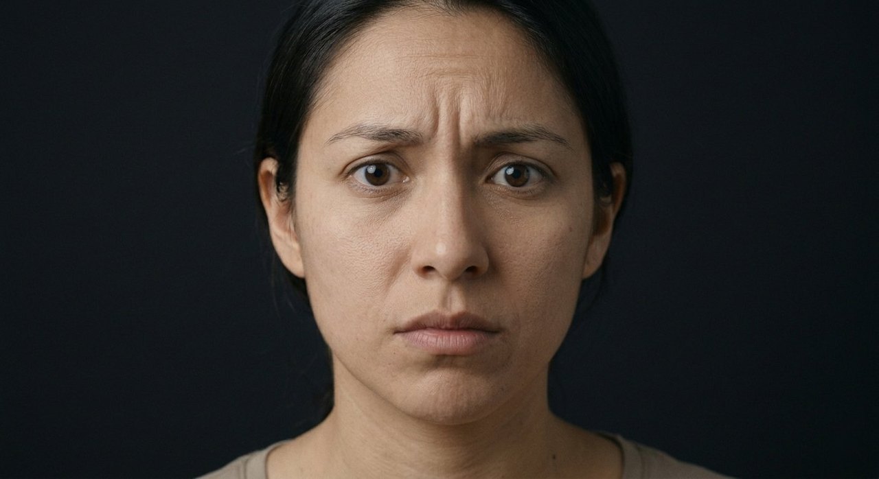 A woman's face showing worry: a knotted brow, downturned mouth, a fretful, fixed gaze.
