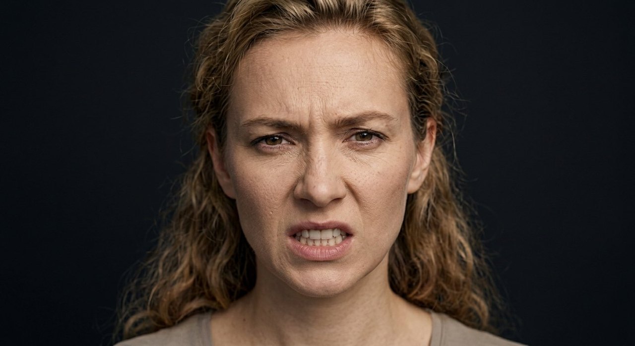 A woman's face showing wrath: a deep furrow, bared teeth, a furious snarl.