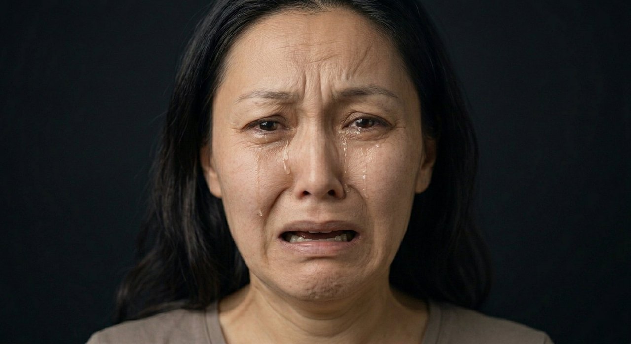 A woman's face showing ya'aburnee: brows drawn up, mouth open in a sob, tears falling.