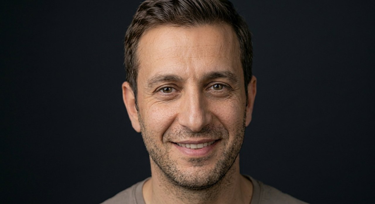 A man's face showing zest: a bright lively smile and an animated relishing look.